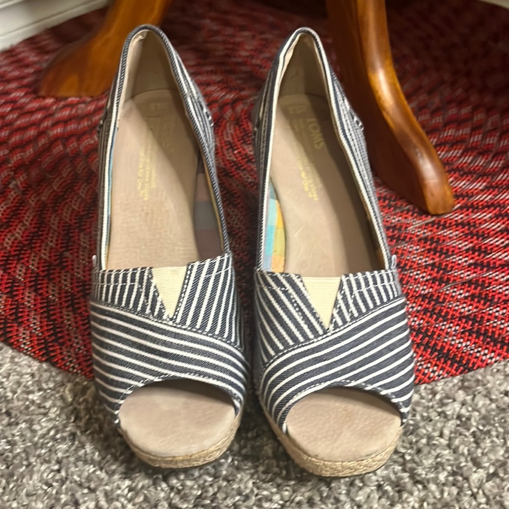 TOMS Nautical Stripe Open Toe Espadrille Wedges